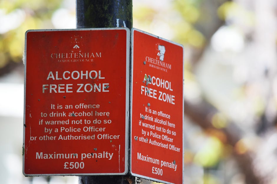Two red Cheltenham Borough Council alcohol-free zone signs attached to a black metal pole outdoors, with a blurred background of green, yellow, and white foliage. The signs display white text warning against drinking alcohol in the designated area, stating it is an offence with a maximum penalty of £500, and inform that breaching the rule can lead to a police warning. The signs are weathered with visible scratches and paint chips. The photograph is taken during daylight, with natural lighting illuminating the signs clearly. The images are relevant to community regulations but are also used illustratively for context about managing outdoor areas during a house removals or relocation process, as seen in services offered by Man with Van Shirley, supporting efficient and compliant home moving logistics.